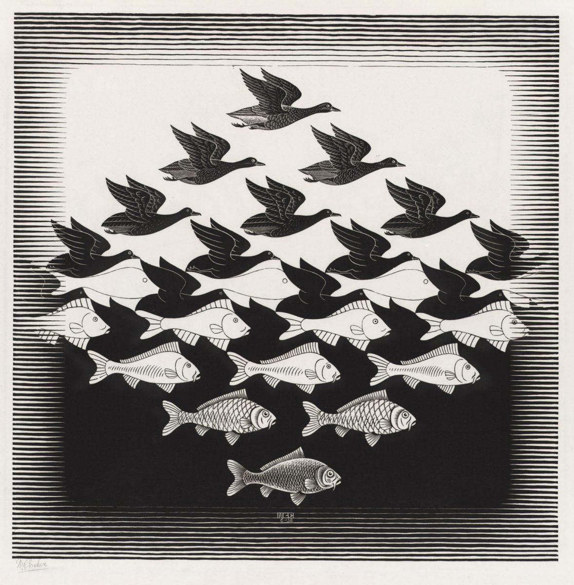 M.C. Escher, Lucht en water I, houtsnede, juni 1938