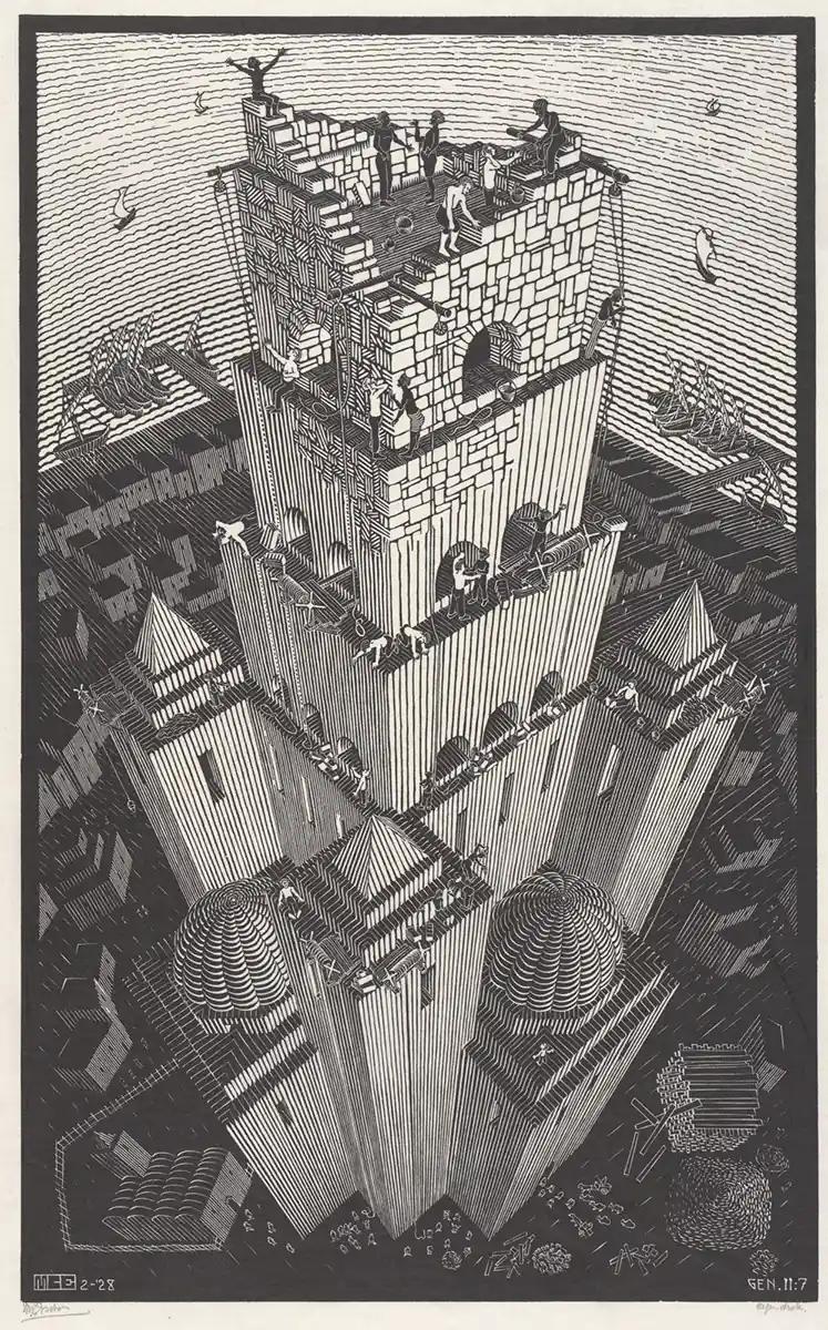 M.C. Escher, Toren van Babel, houtsnede, februari 1928