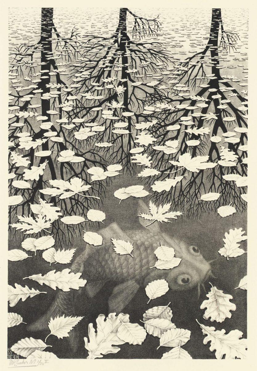 M.C. Escher, Drie werelden, litho, december 1955