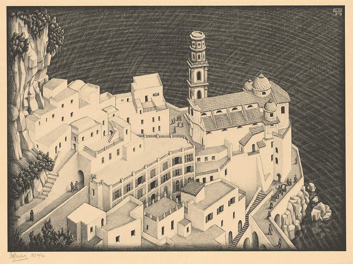 M.C. Escher, Atrani, Amalfitaanse kust, litho, augustus 1931