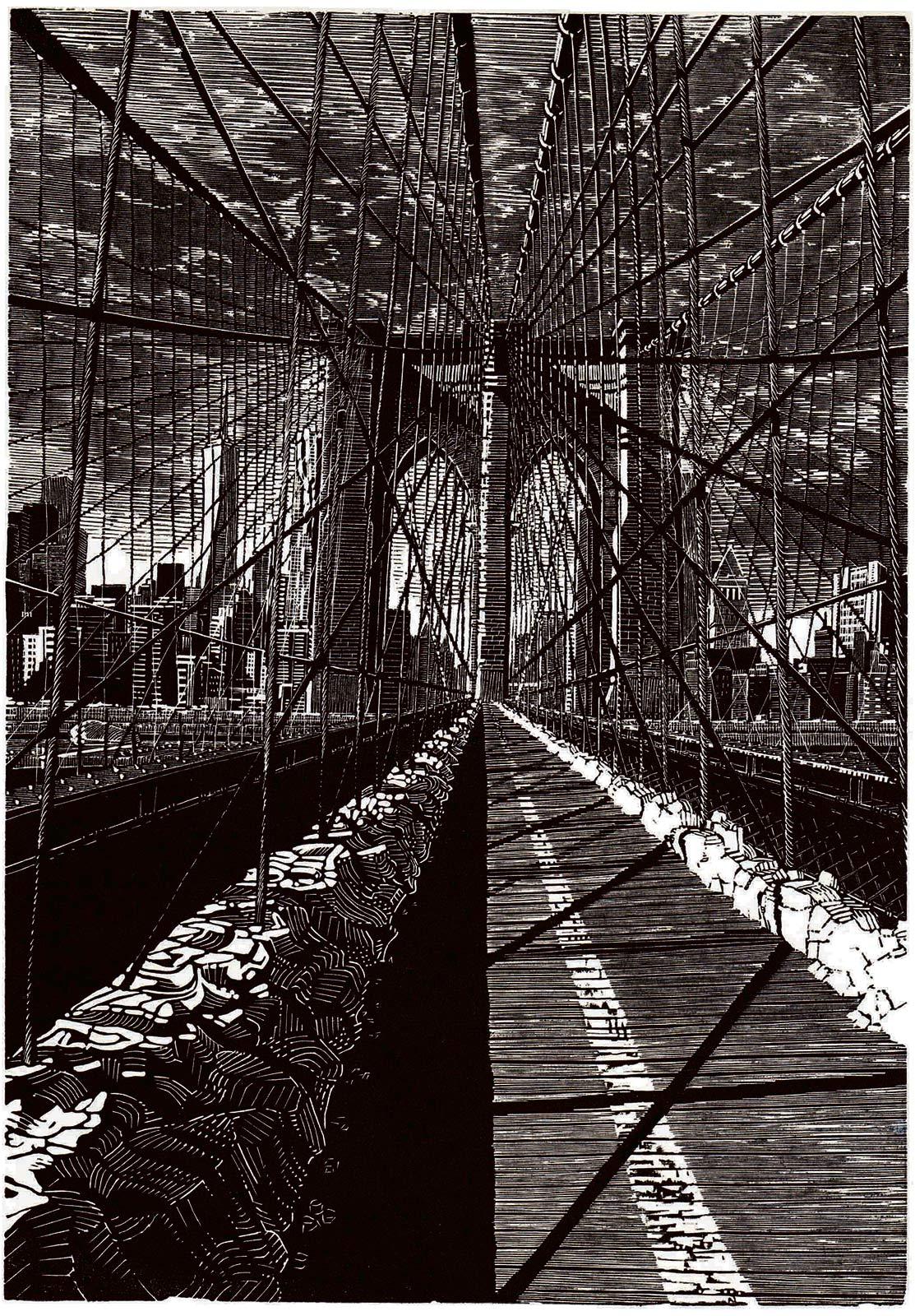 <p>Anne Desmet, Brooklyn Bridge: New Day, houtgravure, 2015</p>