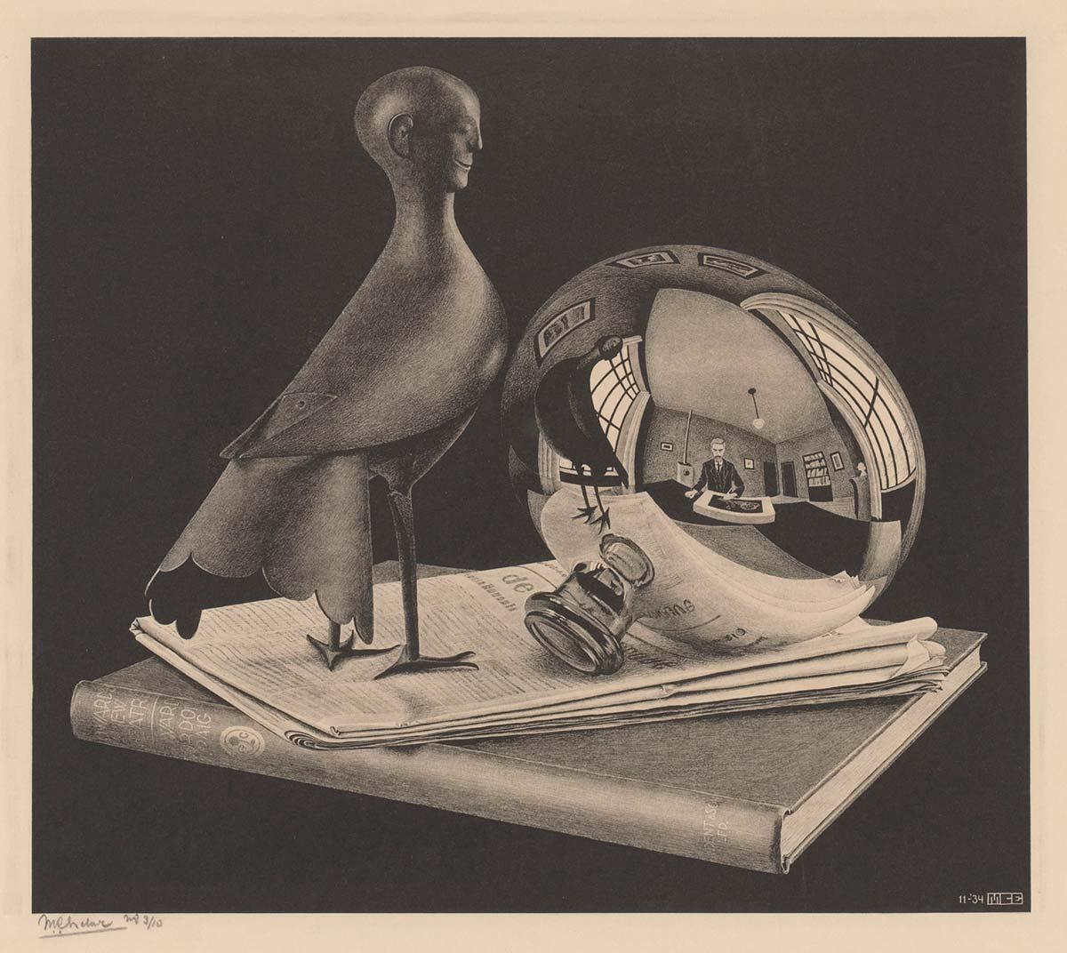 M.C. Escher, Stilleven met bolspiegel, litho, november 1934