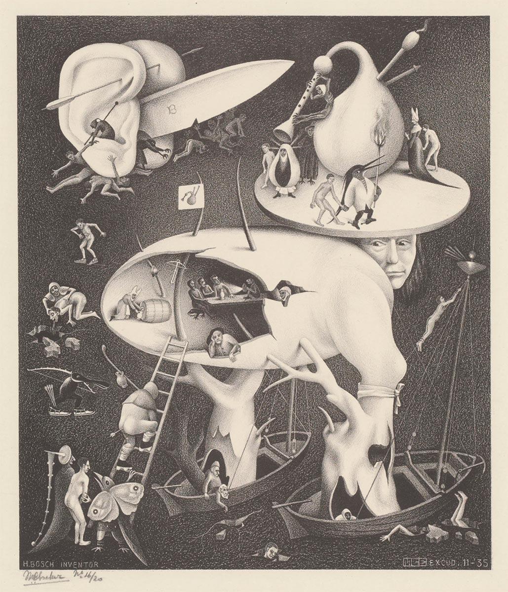 M.C. Escher, De hel, kopie naar een voorstelling van Jheronimus Bosch, litho, november 1935