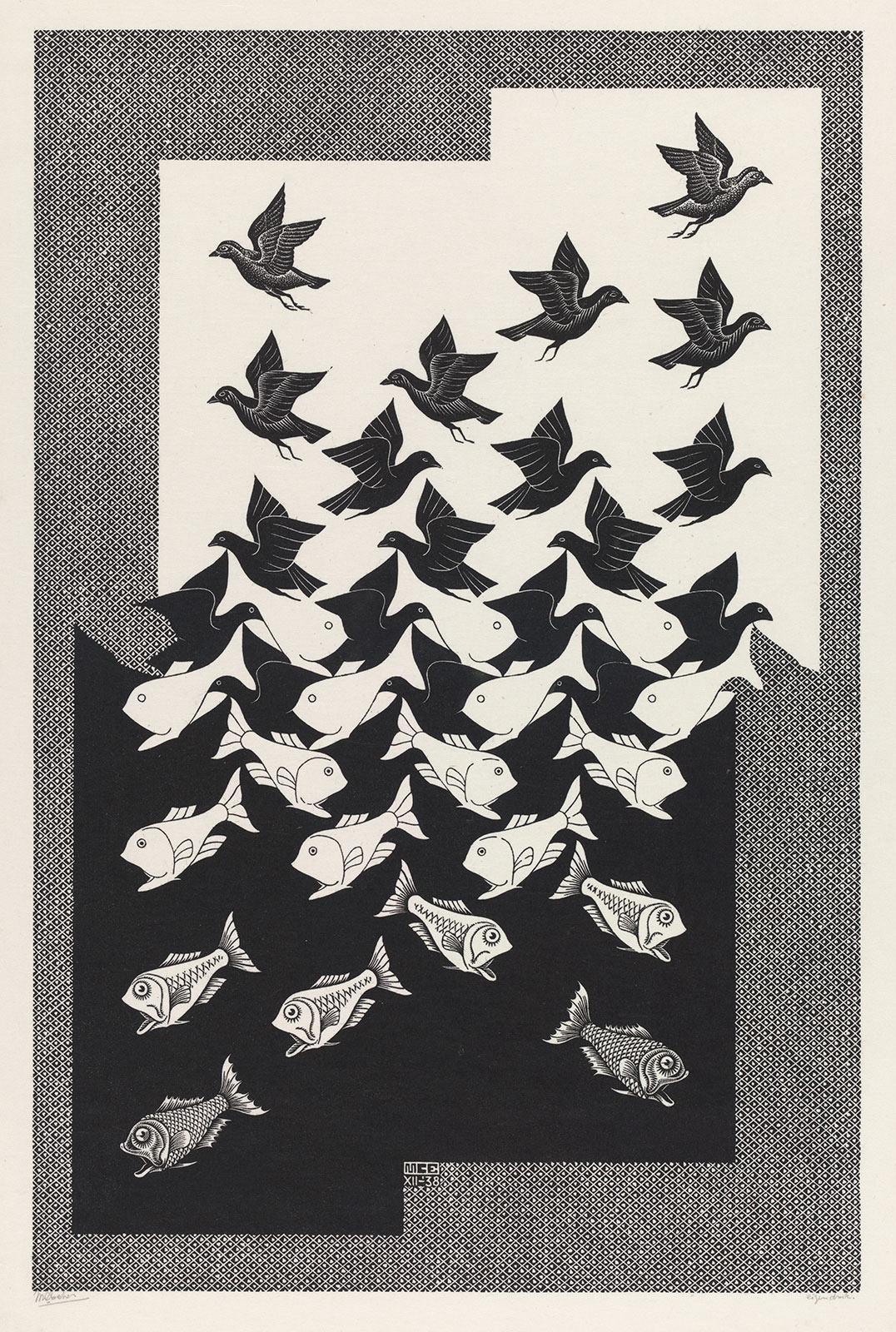 M.C. Escher, Lucht en water II, houtsnede, december 1938