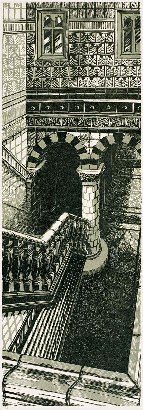<p>Anne Desmet, Dark Stairwell VBM, linoleumsnede in zwart en groengrijs, 2007</p>