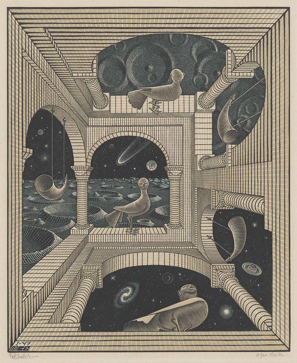 M.C. Escher, Andere wereld, houtsnede en houtgravure in zwart, roodbruin en groen, gedrukt van drie blokken, januari 1947