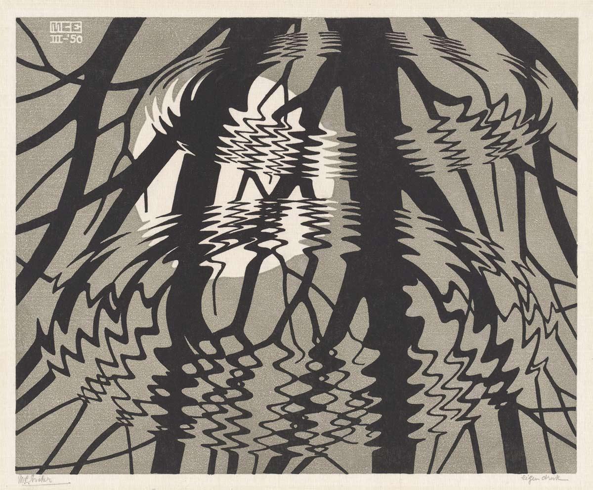 M.C. Escher, Rimpeling, linoleumsnede in zwart en grijsbruin, gedrukt van twee platen, 1950