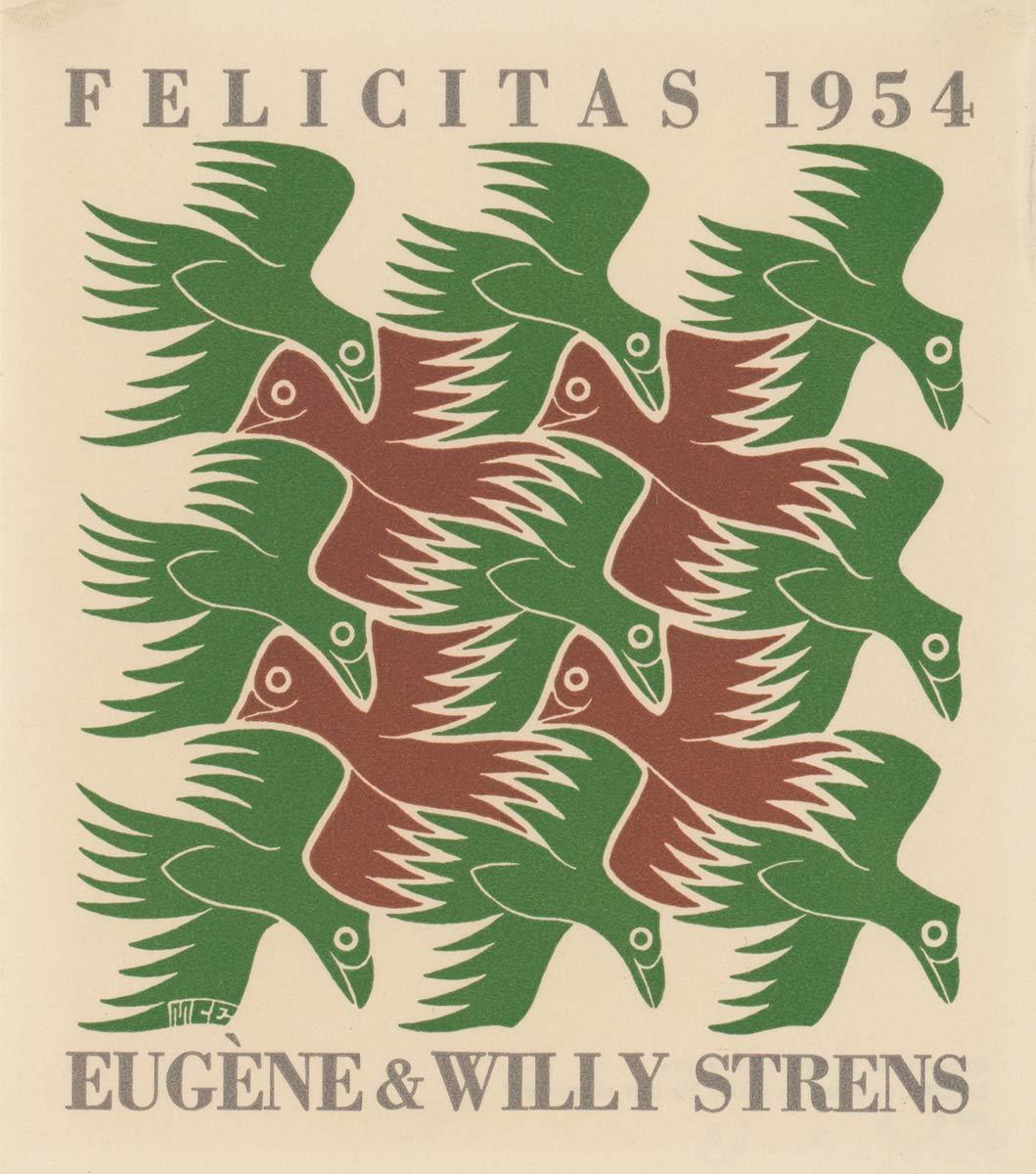 M.C. Escher, Lucht (nieuwjaarswens 1954), houtsnede in groen en bruin, gedrukt van twee blokken, met boekdruk in grijs, oktober 1952