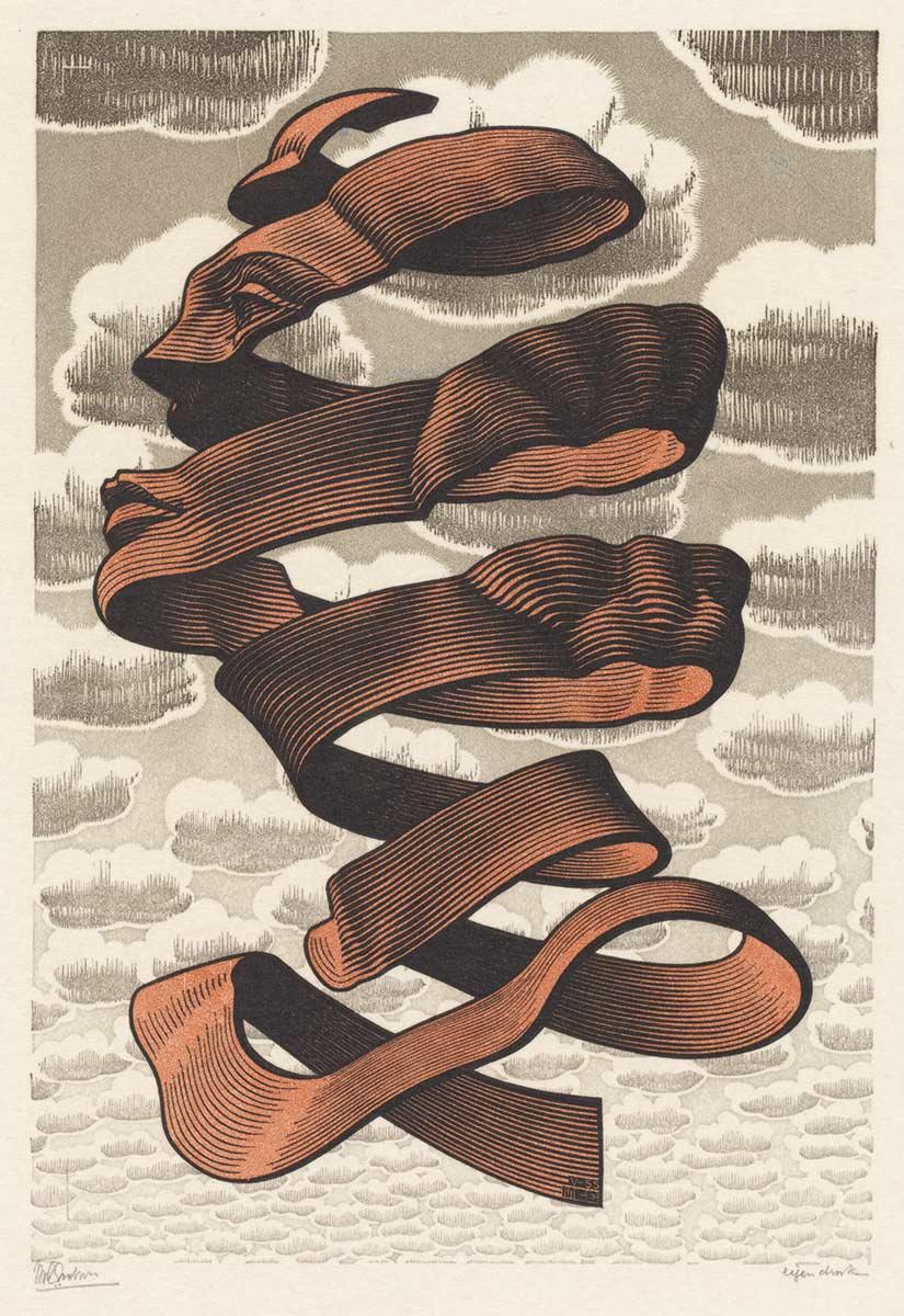 M.C. Escher, Omhulsel, houtgravure en houtsnede in zwart, bruin, blauwgrijs en grijs, gedrukt van vier blokken, mei 1955