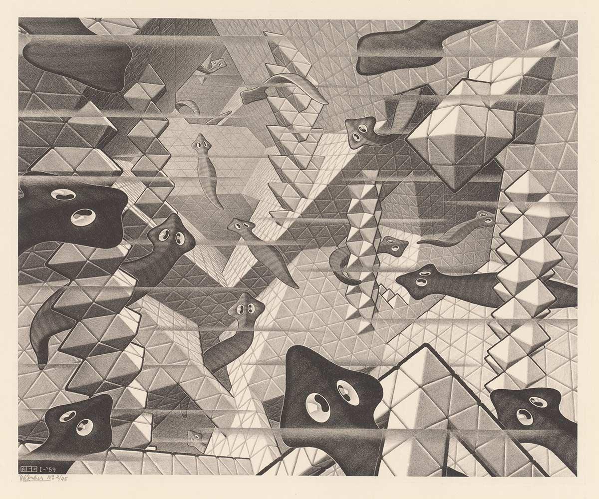 M.C. Escher, Platwormen, litho, januari 1959