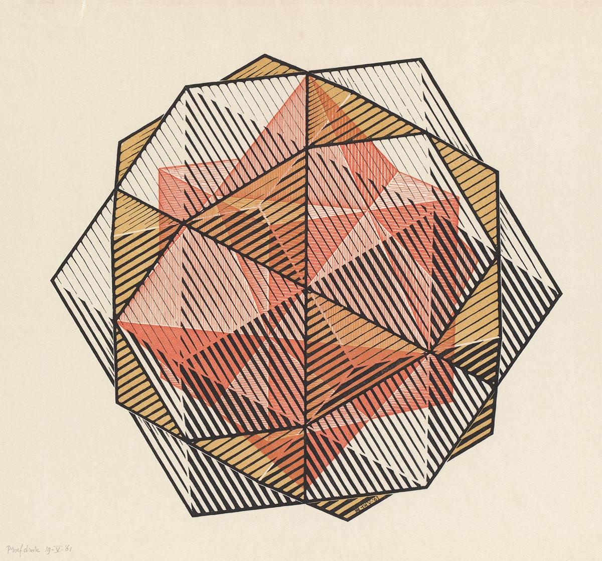 M.C. Escher, Vier regelmatige lichamen, houtsnede in zwart, geel en rood, gedrukt van drie blokken, mei 1961