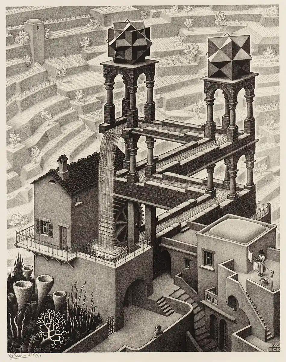<p>M.C. Escher, Waterval, litho, oktober 1961</p>