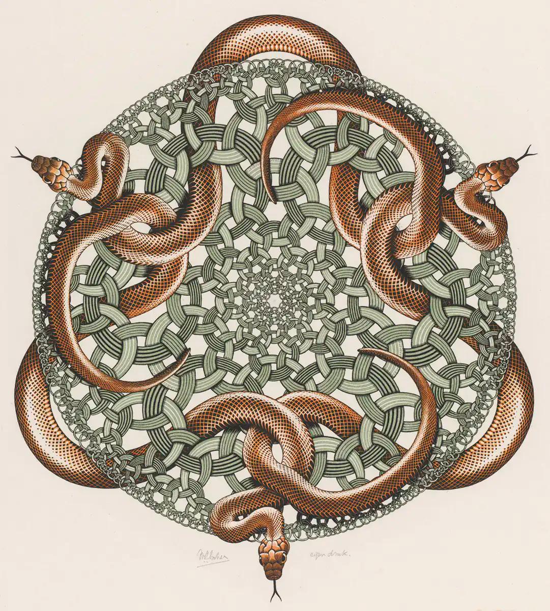 M.C. Escher, Ringslangen, houtsnede in groen, oranje en zwart, gedrukt van drie blokken, juli 1969