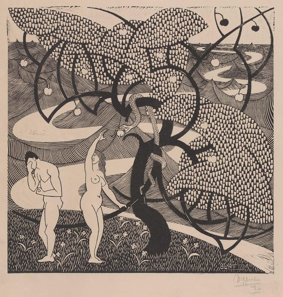 M.C. Escher, De zondenval, houtsnede (tegendruk), 1920