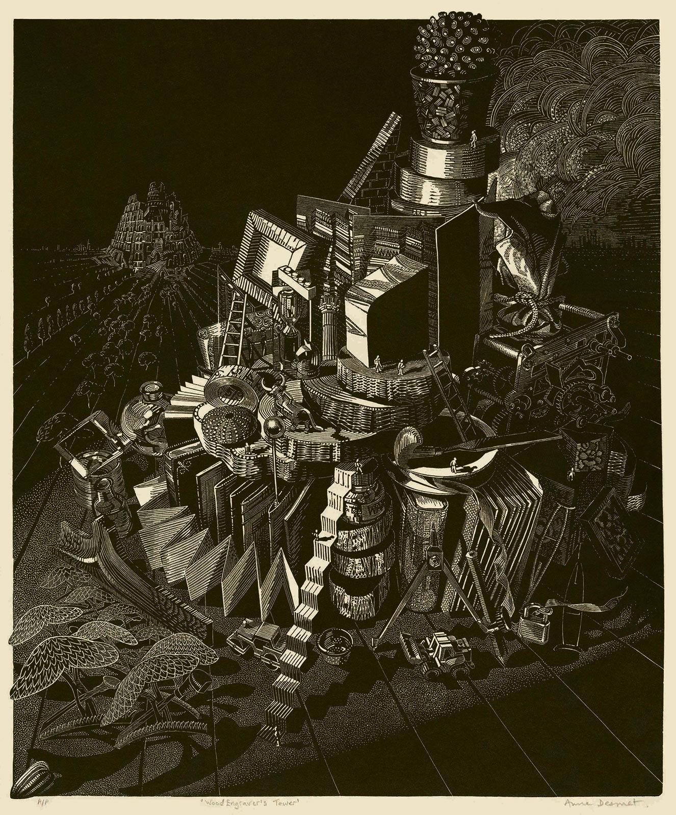 <p>Anne Desmet, Wood Engraver's Tower, houtgravure, 2020</p>
