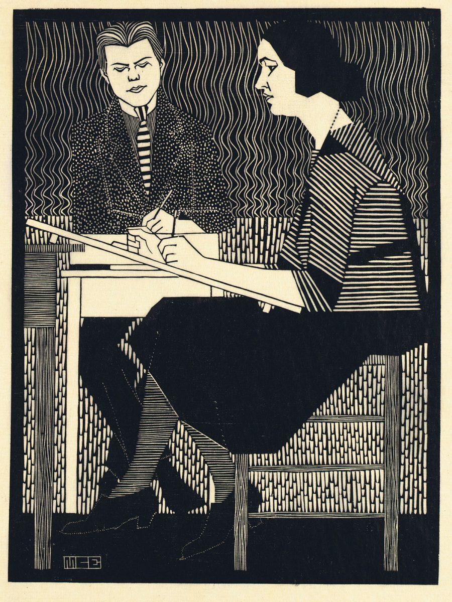 M.C. Escher, Bij Mesquita in de klas, houtsnede, 1920 of 1921