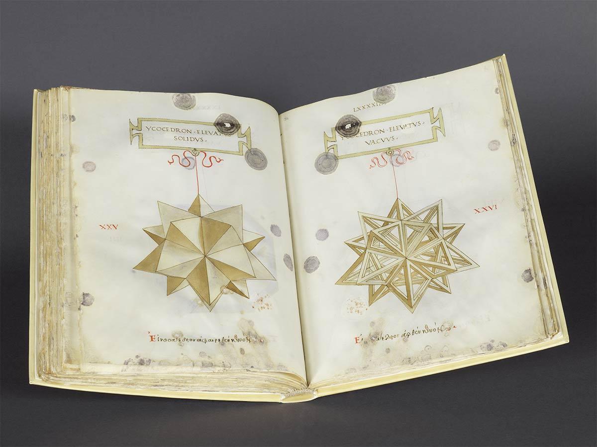 Manuscript van Divina proportione van Luca Pacioli, met illustraties van Leonardo da Vinci. Foto Bibliothèque de Genève / Matthias Thomann