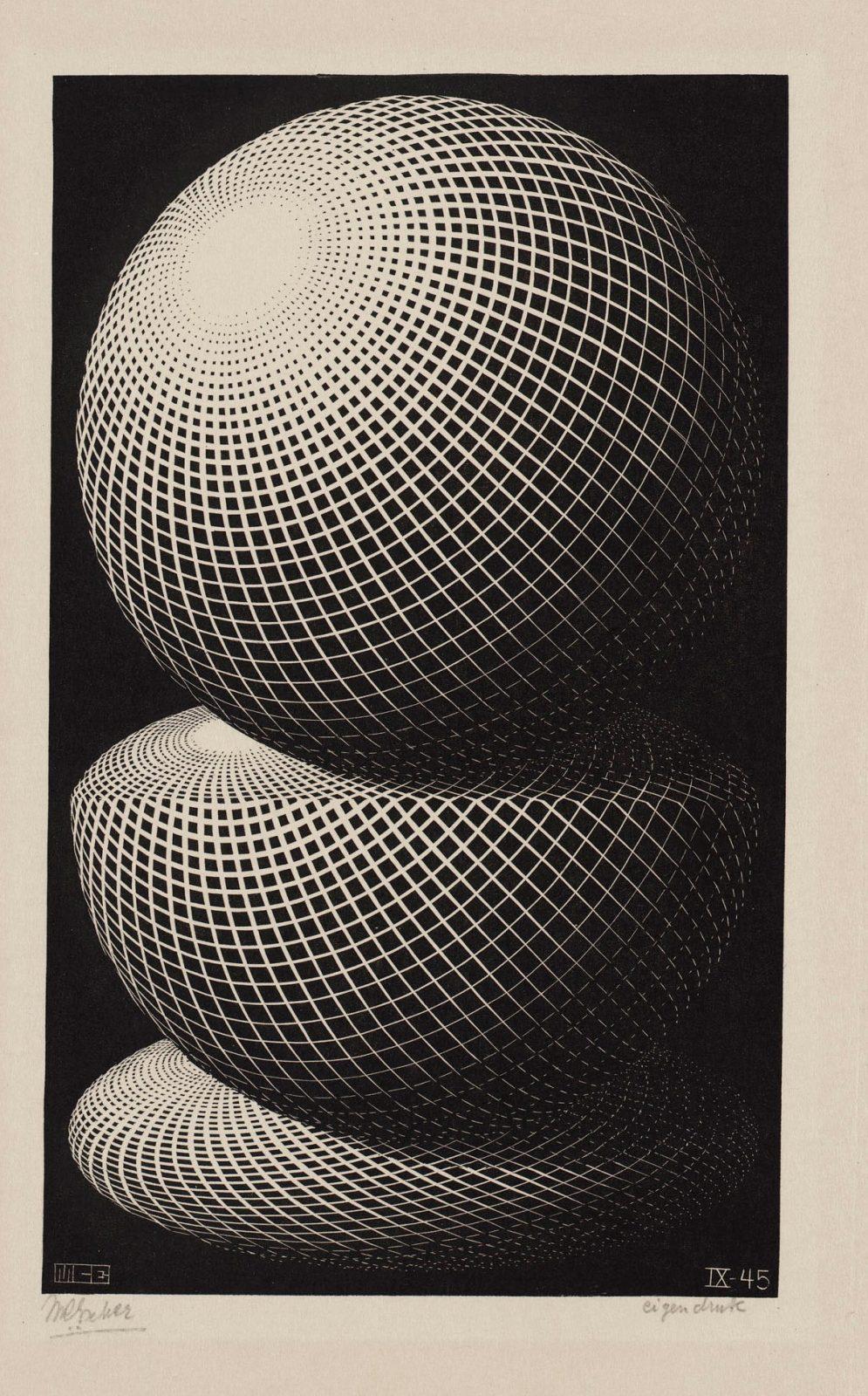 M. C. Escher, Drie bollen I, houtgravure, september 1945