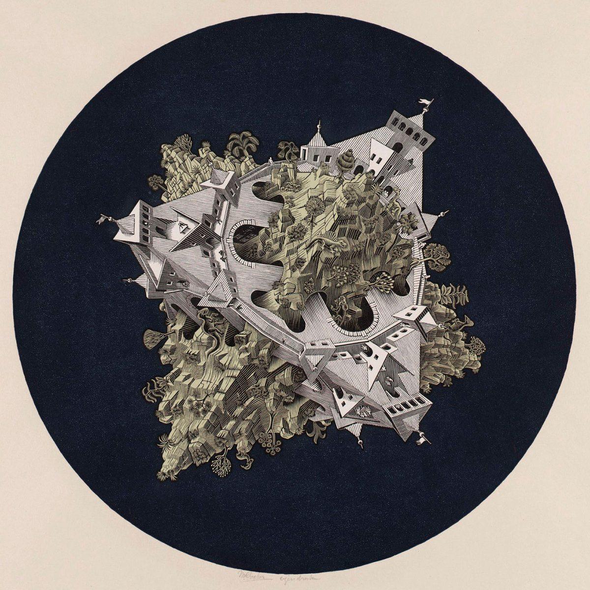 M.C. Escher, Dubbele planetoïde, houtgravure in groen, donkerblauw, zwart en wit, gedrukt van vier blokken, december 1949