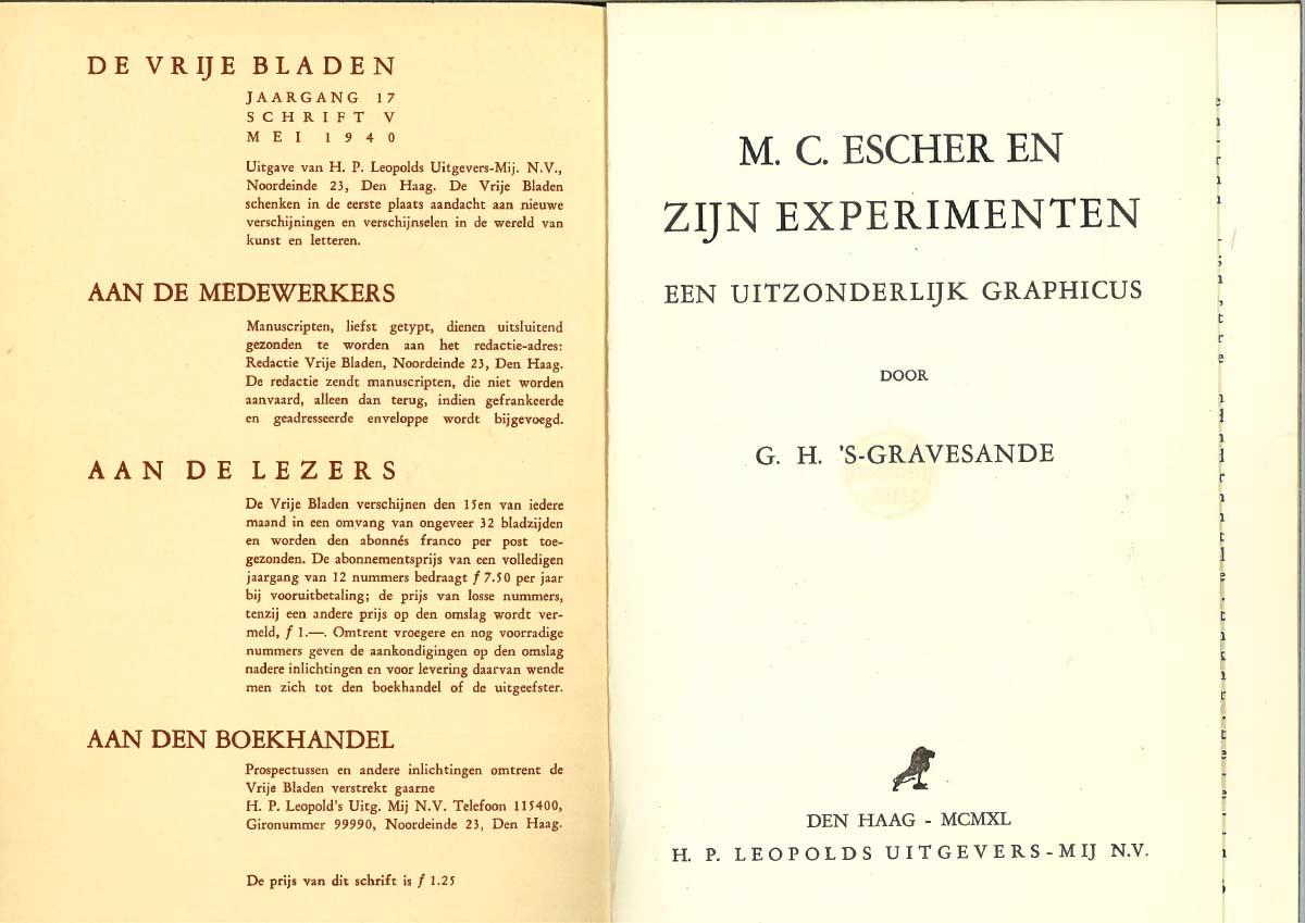 G.H. 's-Gravesande, M.C. Escher en zijn experimenten. Een uitzonderlijk graficus (titelblad), uitgeverij Leopold, mei 1940