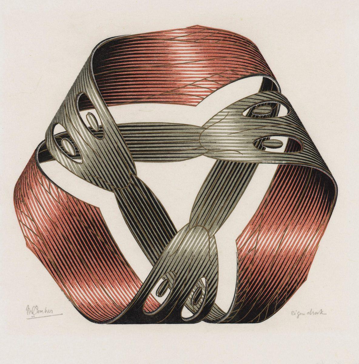 M.C. Escher, Band van Möbius I, houtgravure van vier blokken, maart 1961