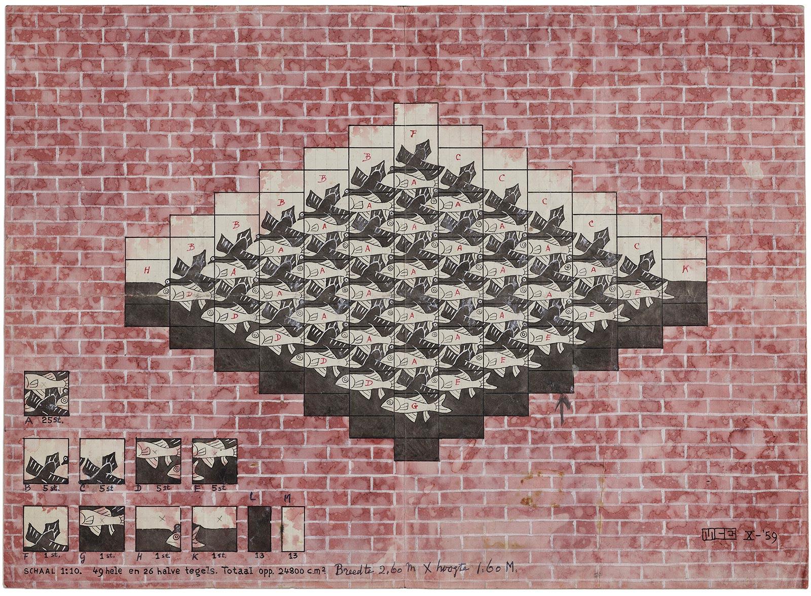 M.C. Escher, Ontwerptekening tegeltableau Dirk Schäferstraat 59, inkt en gouache, 1959. Schenking collectie familie Vroom