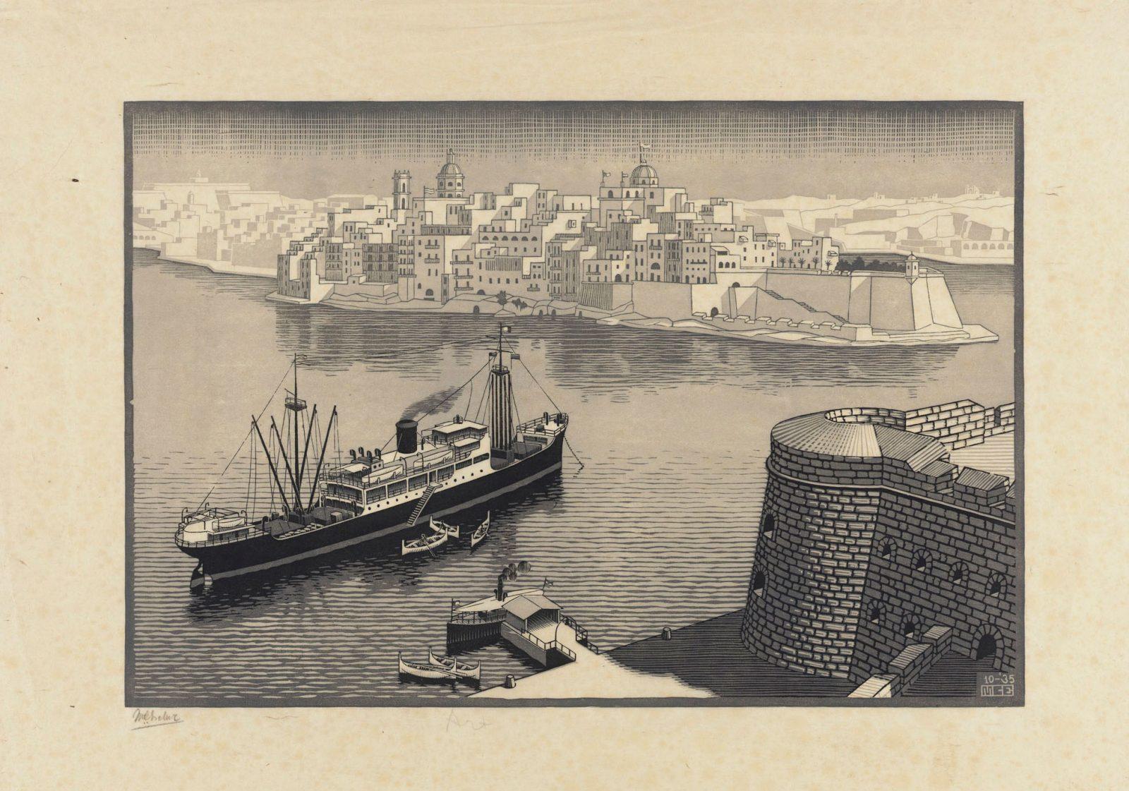 M. C. Escher, Senglea, Malta, houtsnede in zwart, grijs en grijsgroen, gedrukt van drie blokken, oktober 1935