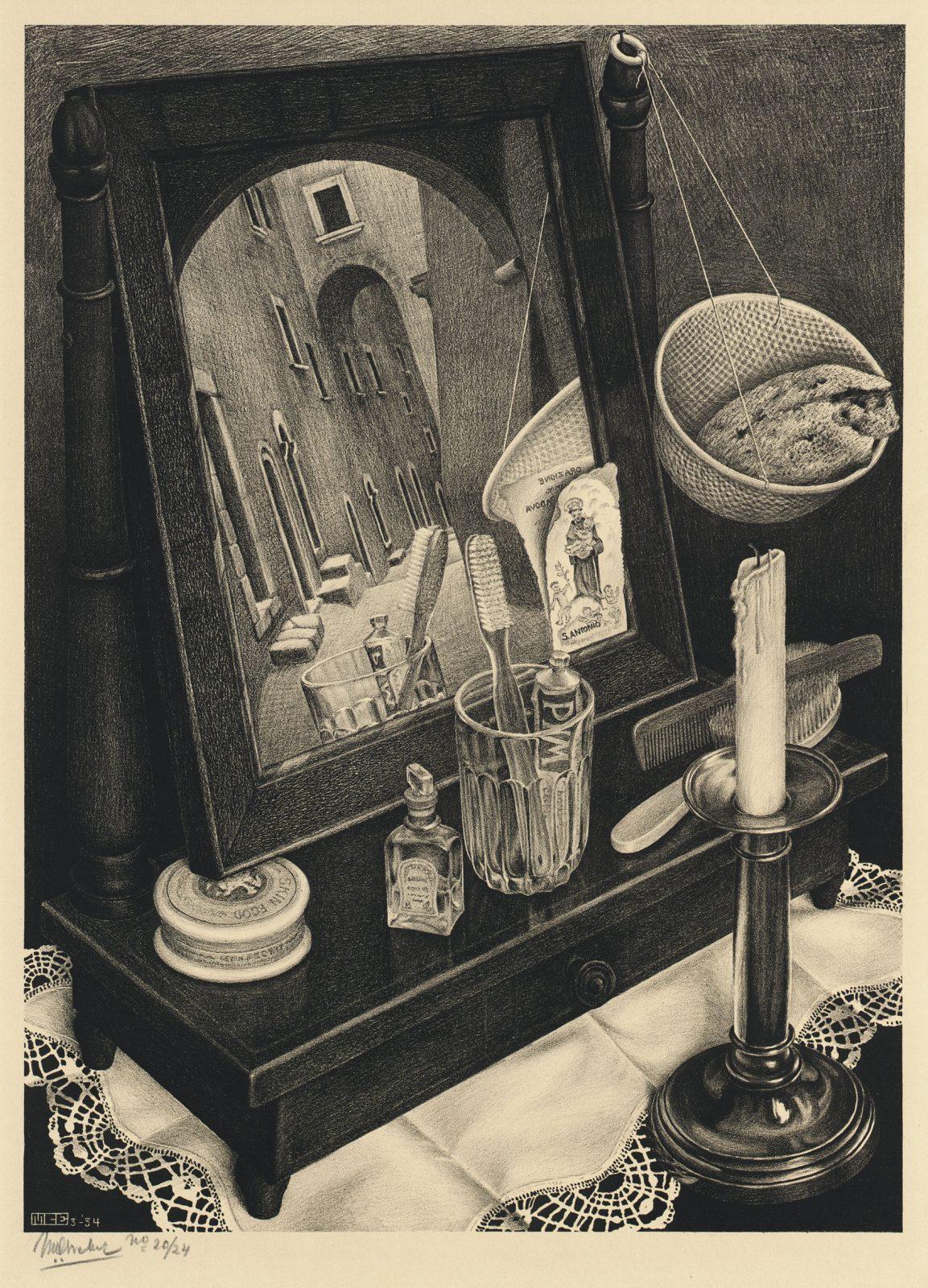 M.C. Escher, Stilleven met spiegel, litho, maart 1934