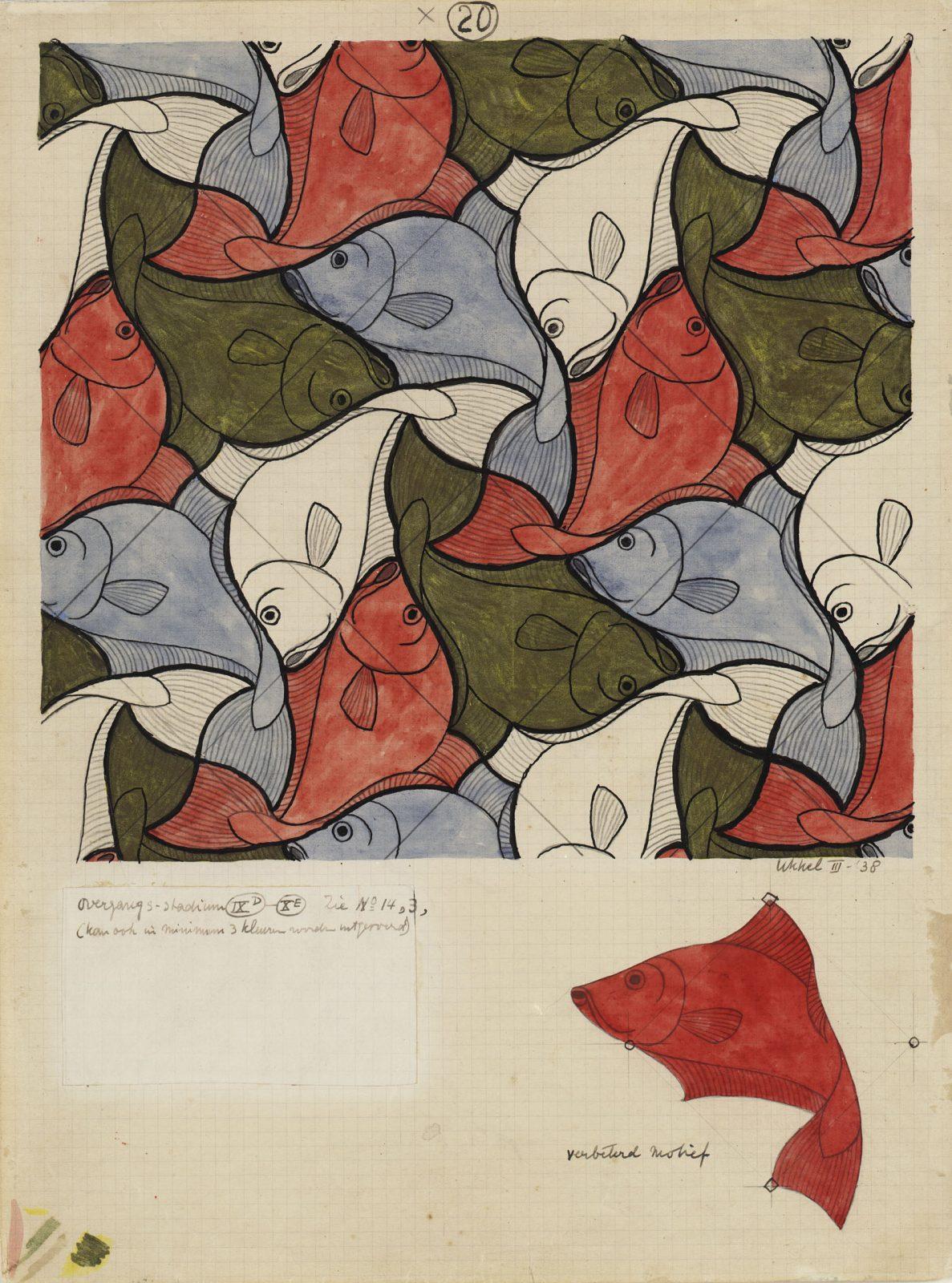 M.C. Escher, Regelmatige vlakvulling, nr 20, Oost-Indische inkt, potlood, waterverf en goudverf op papier, maart 1938