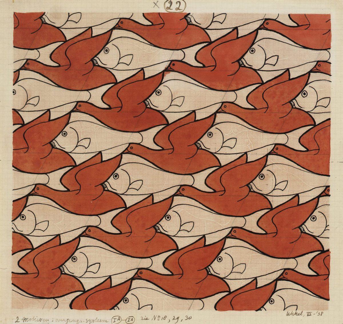 M.C. Escher, Regelmatige vlakverdeling met vissen en vogels, nr. 22, Oost-Indische inkt, kleurpotlood en waterverf op papier, juni 1938