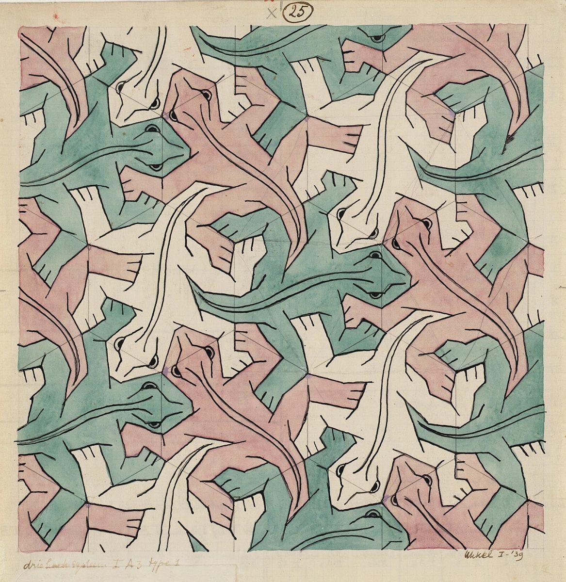 Studie behorend bij regelmatige vlakvulling van Reptielen, aquarel/potlood, januari 1939