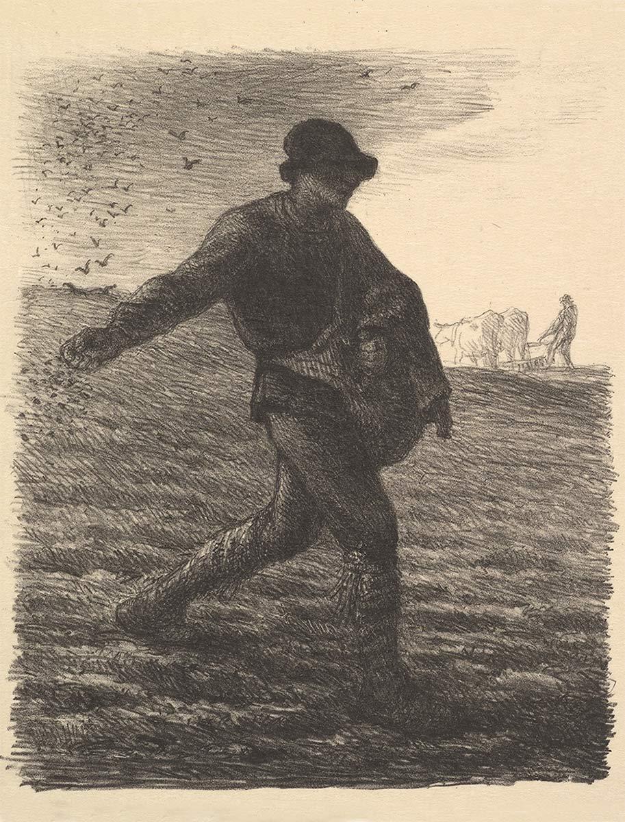 Jean-François Millet, Le semeur, litho, 1851 (druk 1879). Collectie Kröller-Müller Museum, Otterlo