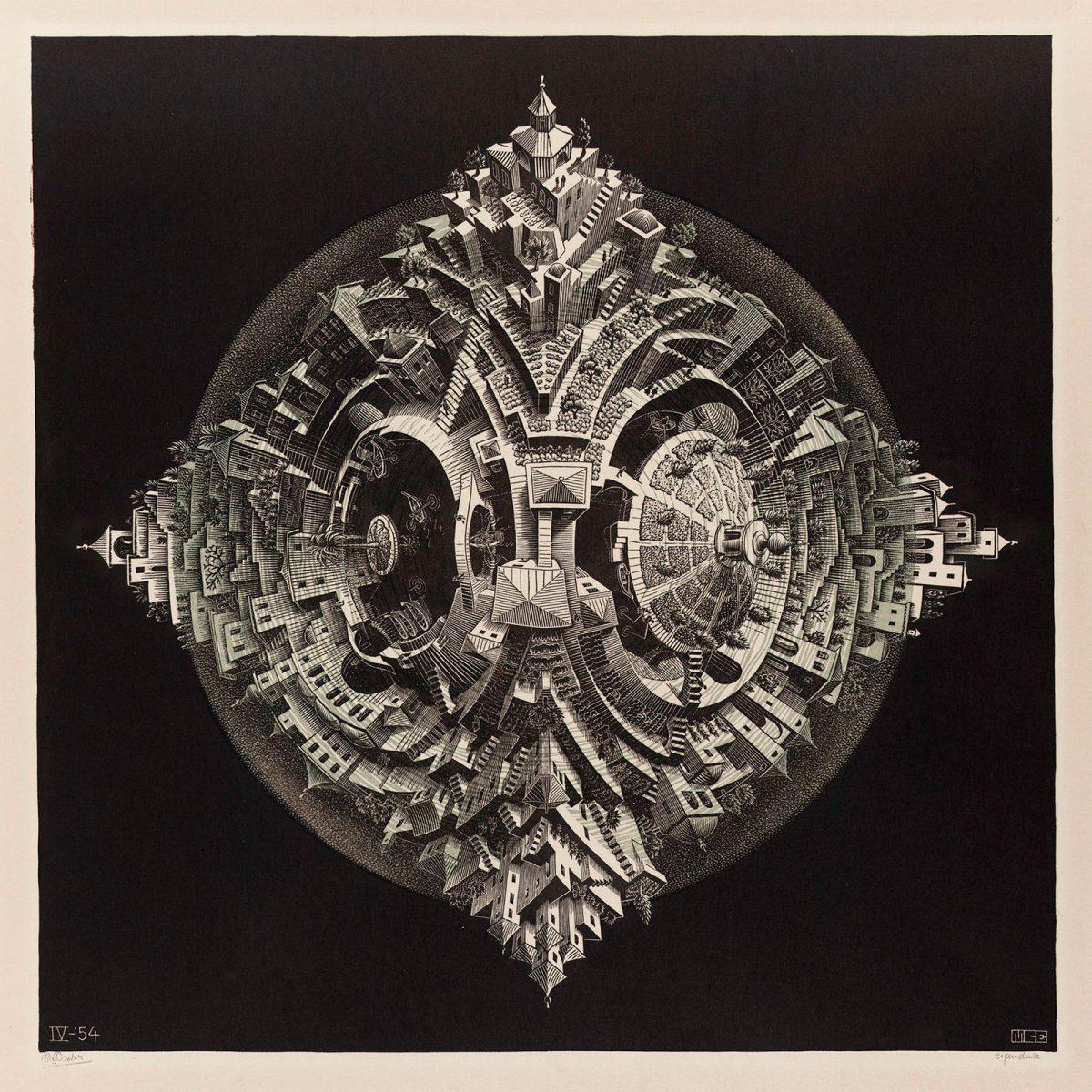 M.C. Escher, Viervlak-planetoïde, houtsnede in groen en zwart, gedrukt van twee blokken, april 1954