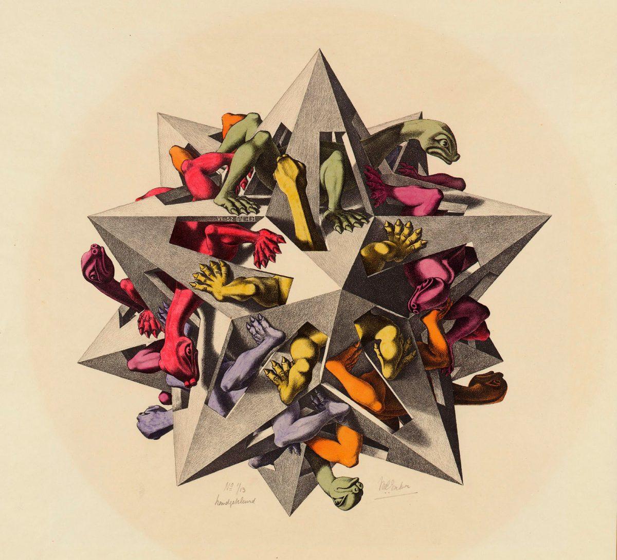 M.C. Escher, Zwaartekracht,  litho en waterverf, juni 1952