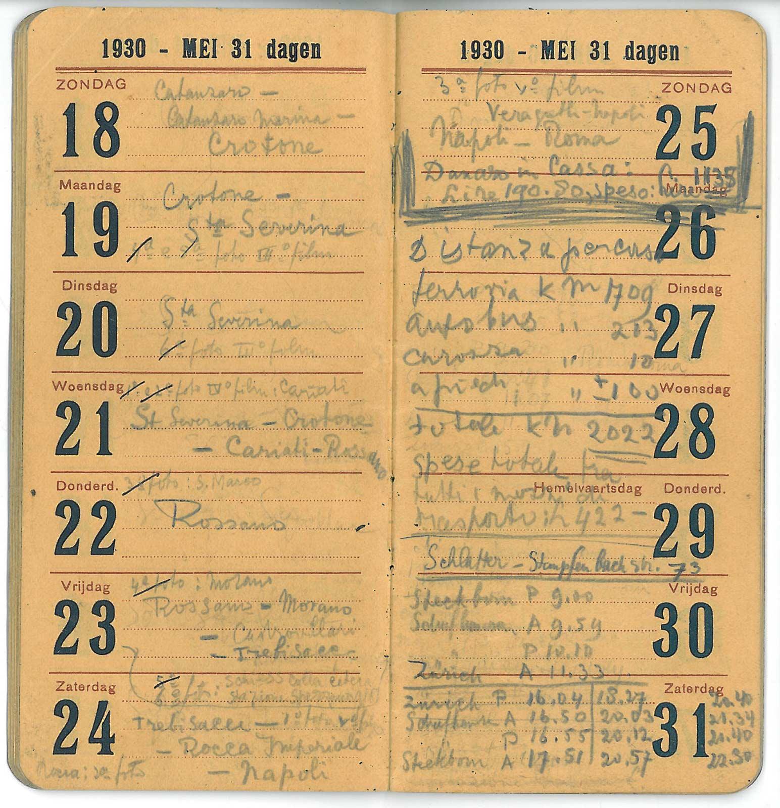 De agenda van M.C. Escher tussen 18 en 31 mei 1930