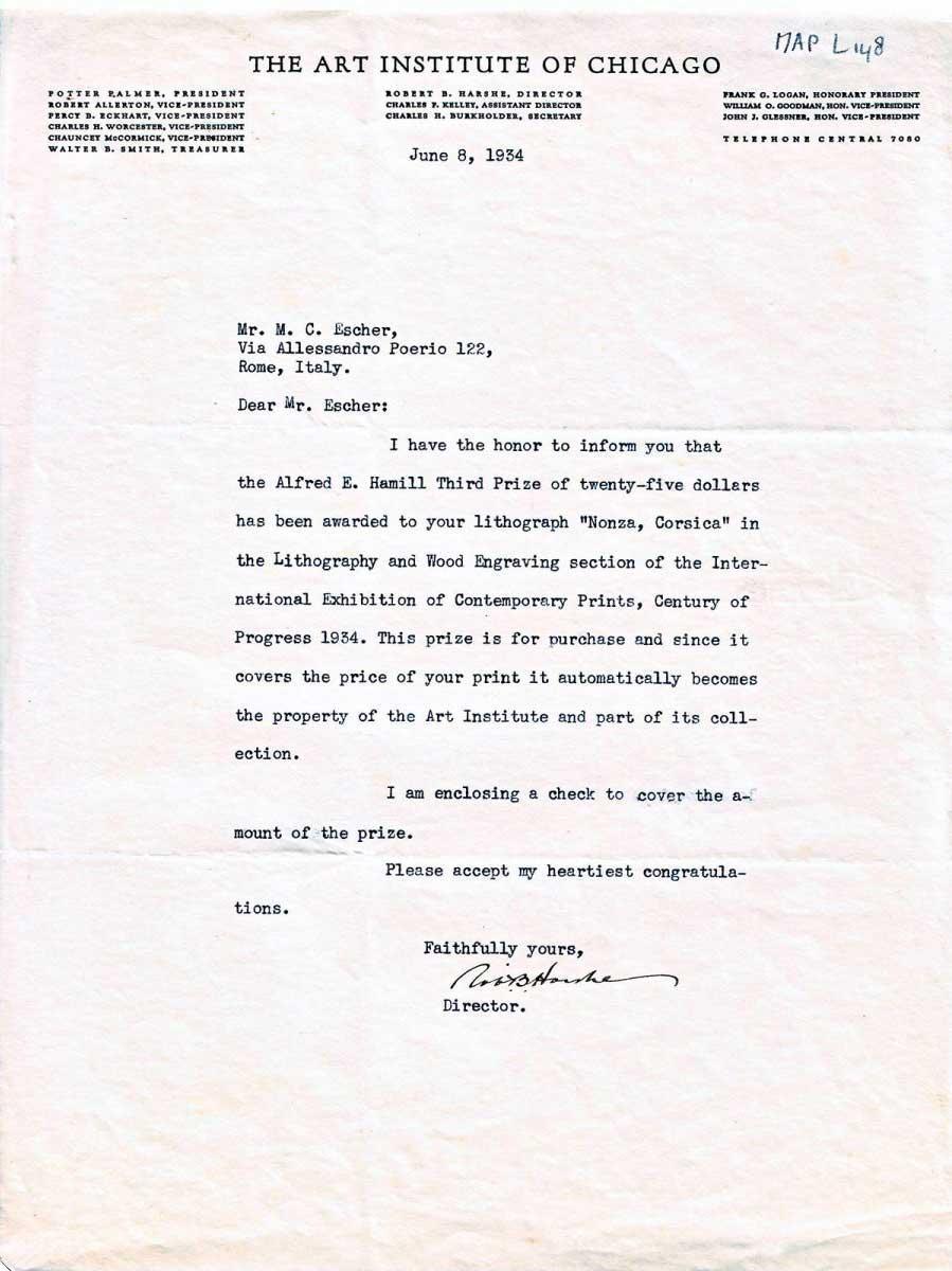 De brief van het Art Institute in Chicago, 8 juni 1934