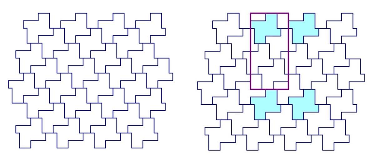 <p>Figure 6. Tiling by pinwheel translation units. The first horizontal and vertical repeats are colored. A minimal rectangle to produce the tiling by horizontal and vertical translations is shown below.</p>