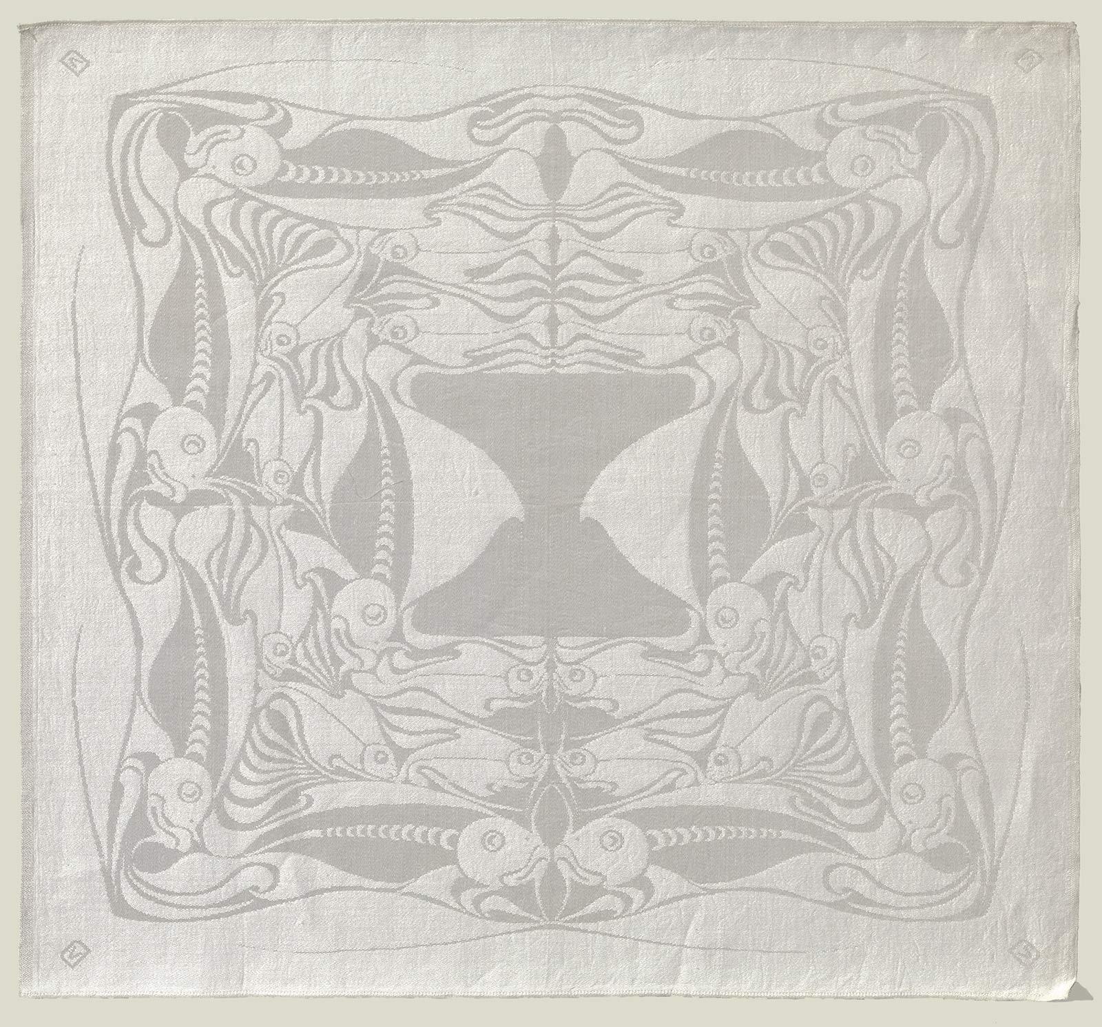 Chris Lebeau (uitvoering E.J.F. van Dissel & Zonen), School Visschen, damastgeweven linnen, ontwerp circa 1926; uitvoering 1926-1971. Collectie Kunstmuseum Den Haag, schenking mevrouw M.D.K.I. van Asch van Wijck-Huneus