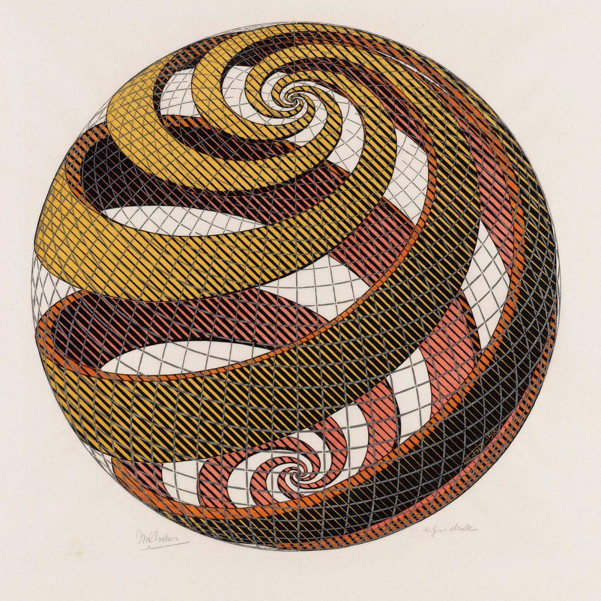 M.C. Escher, Bolspiralen, houtsnede in grijs, zwart, geel en roze, gedrukt van vier blokken, oktober 1958