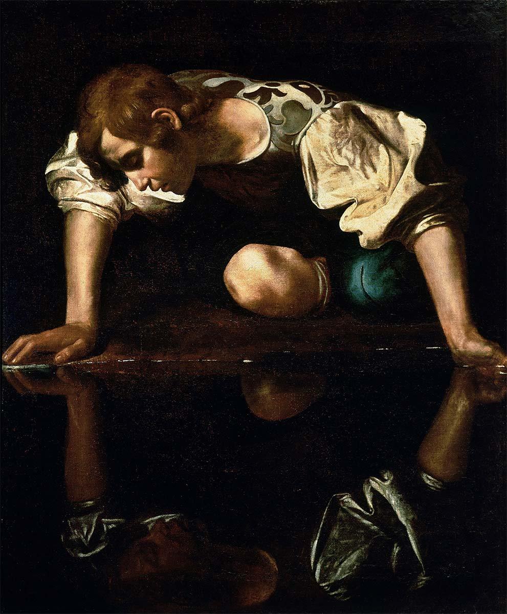 Caravaggio, Narcissus, olieverf op doek, 1597-1599. Collectie Galleria Nazionale d'Arte Antica, Rome