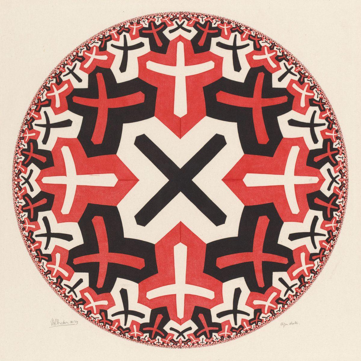 M.C. Escher, Cirkellimiet II, houtsnede in rood en zwart, gedrukt van twee blokken, maart 1959