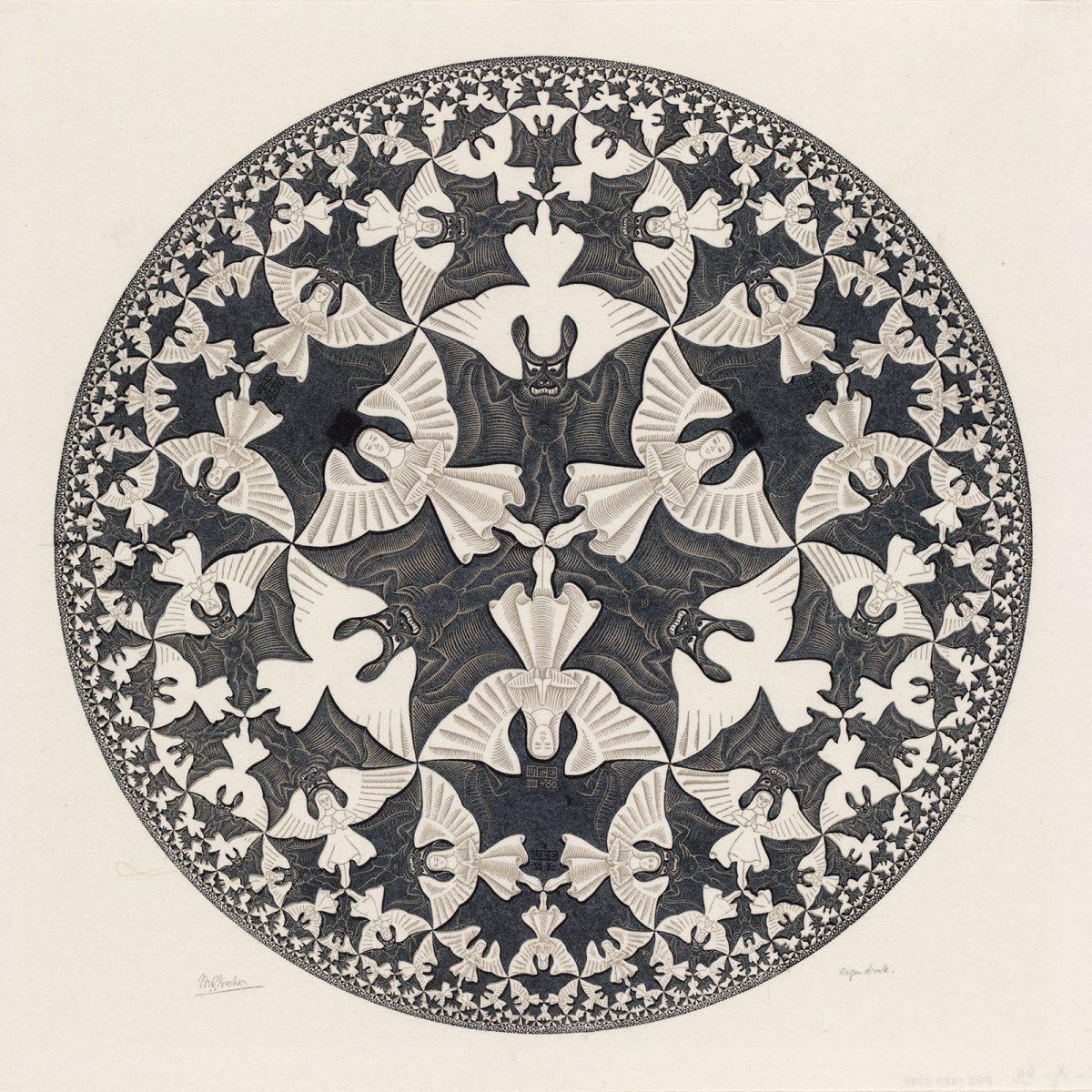 M.C. Escher, Cirkellimiet IV (Hemel en Hel), houtsnede in oker en zwart, gedrukt van twee blokken, juli 1960