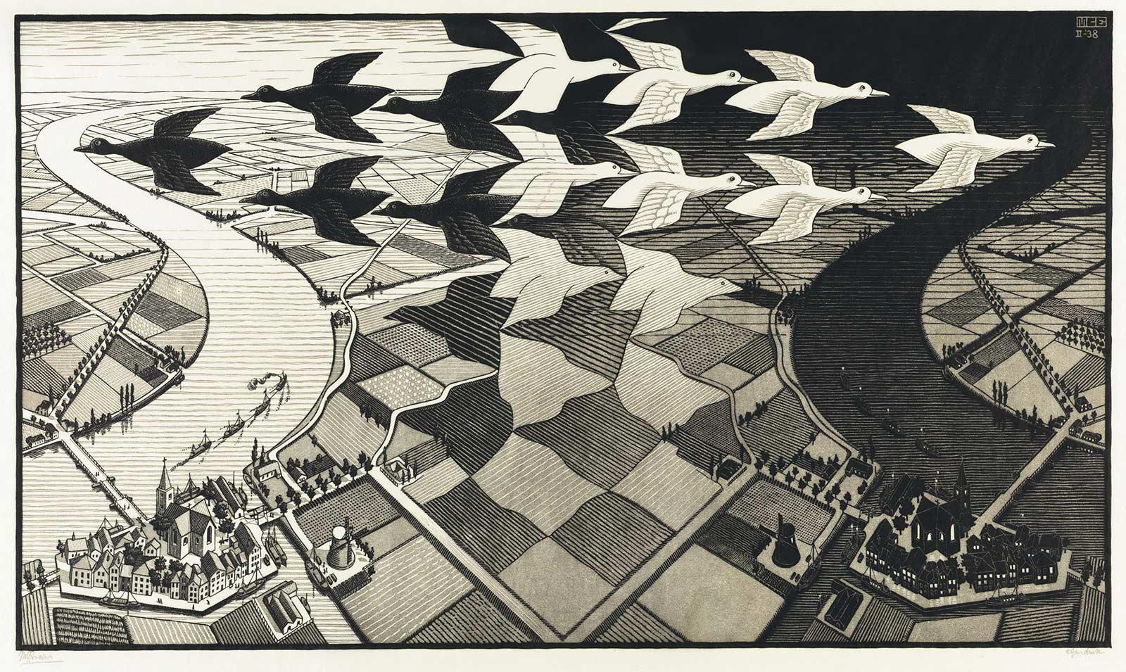 <p>M.C. Escher, Dag en nacht, houtsnede in zwart en grijs, gedrukt van twee blokken, 1938</p>