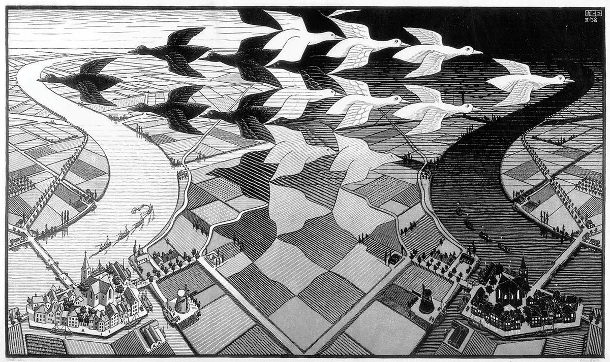 M.C. Escher, Dag en nacht, houtsnede in zwart en grijs gedrukt van twee blokken, februari 1938