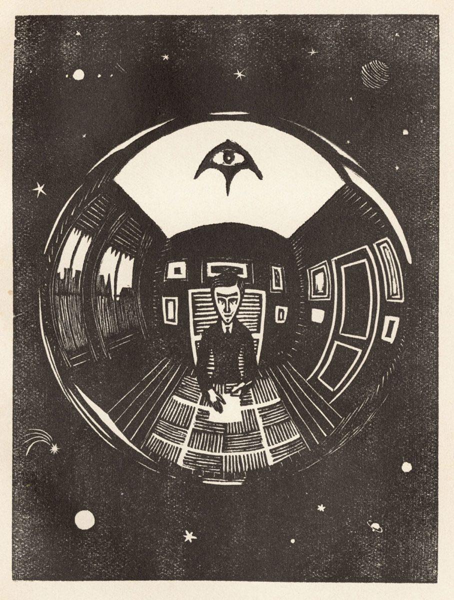 M.C. Escher, De Bol (Zelfportret), houtsnede in het boekje Flor de Pascua, 1921