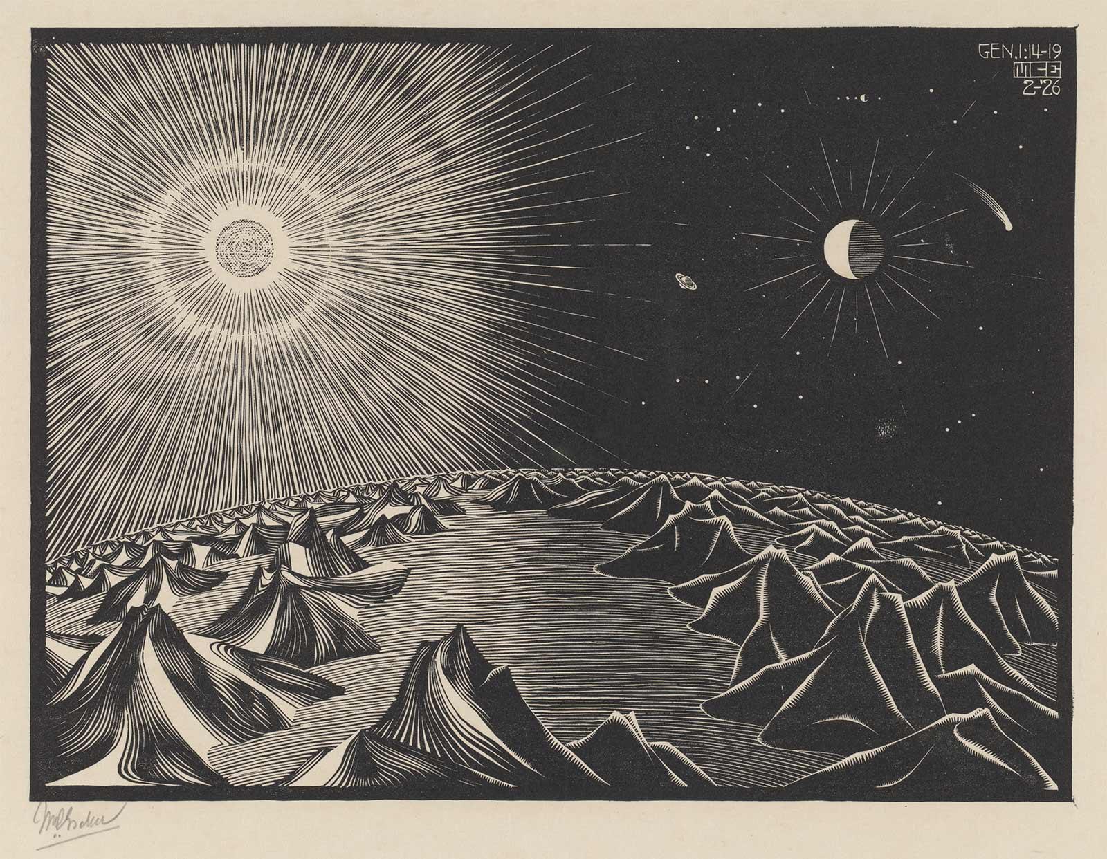 M.C. Escher, De vierde scheppingsdag, houtsnede, februari 1926