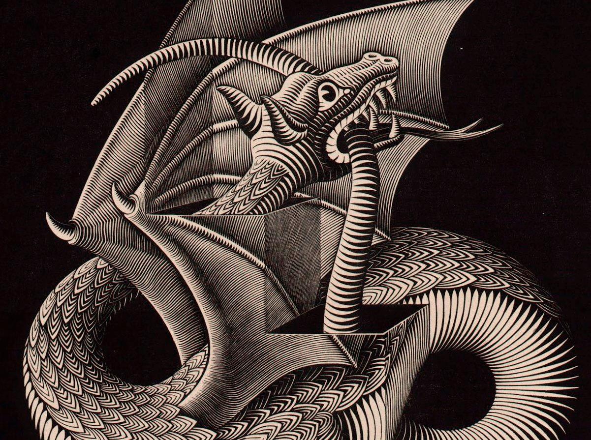 M.C. Escher, Draak, houtgravure, maart 1952 (detail kop en staart)