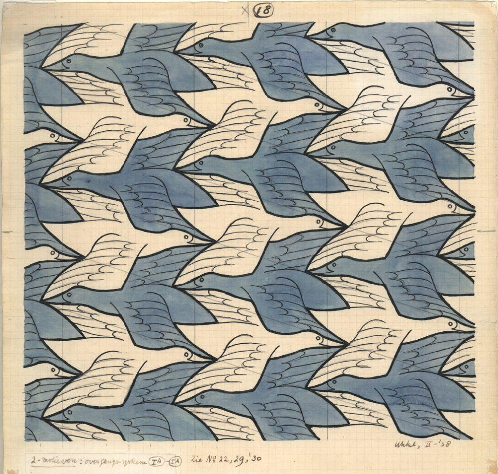 M.C. Escher, Regelmatige vlakverdeling met vogels, nr. 18, Oost-Indische inkt, potlood en waterverf op papier, februari 1938