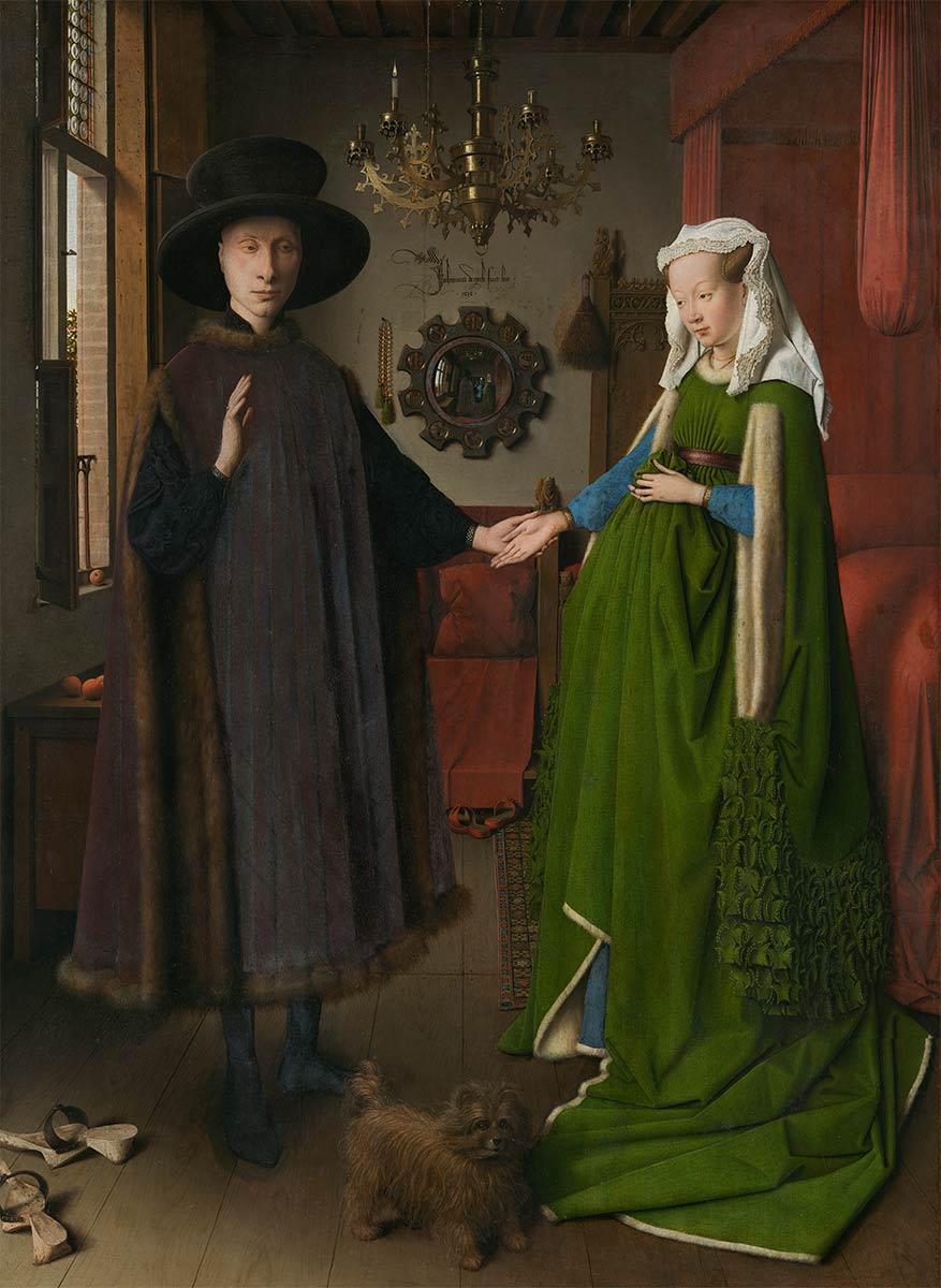 Jan van Eyck, Portret van Giovanni Arnolfini en zijn vrouw, olieverf op eikenhouten paneel, 1434. Collectie National Gallery, Londen