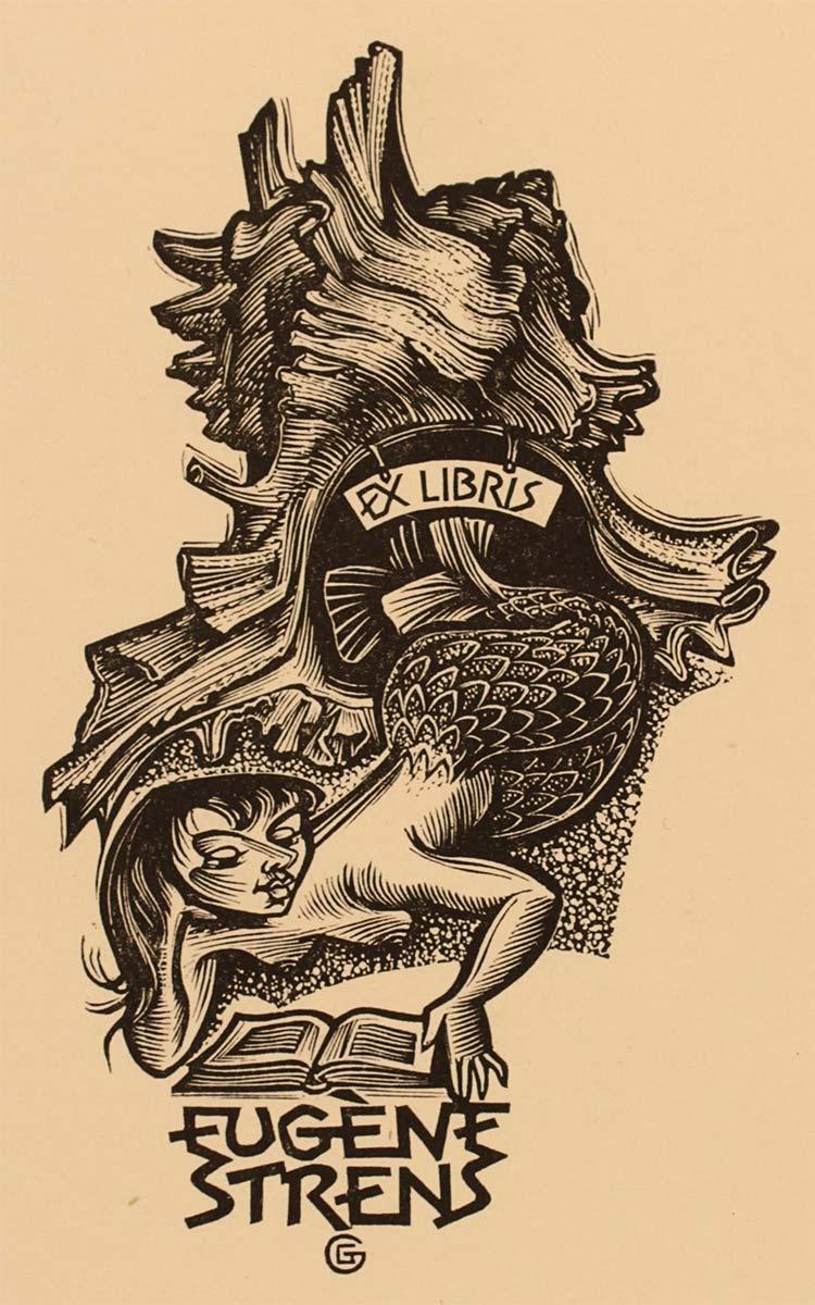 Gerard Gaudaen, ex-libris "Hafvrue", houtgravure, 1960